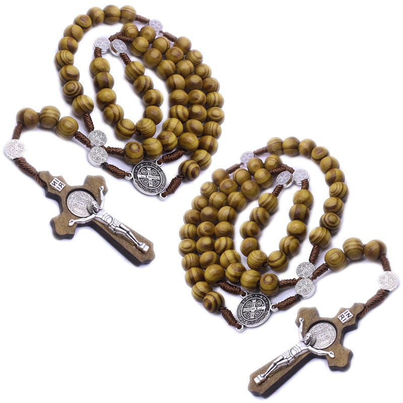 PLESIU 2 Pack Wooden Rosary Beads Catholic for Men Saint Benedict Handmade Jesus Statue Cross Pendant Rosary Necklace