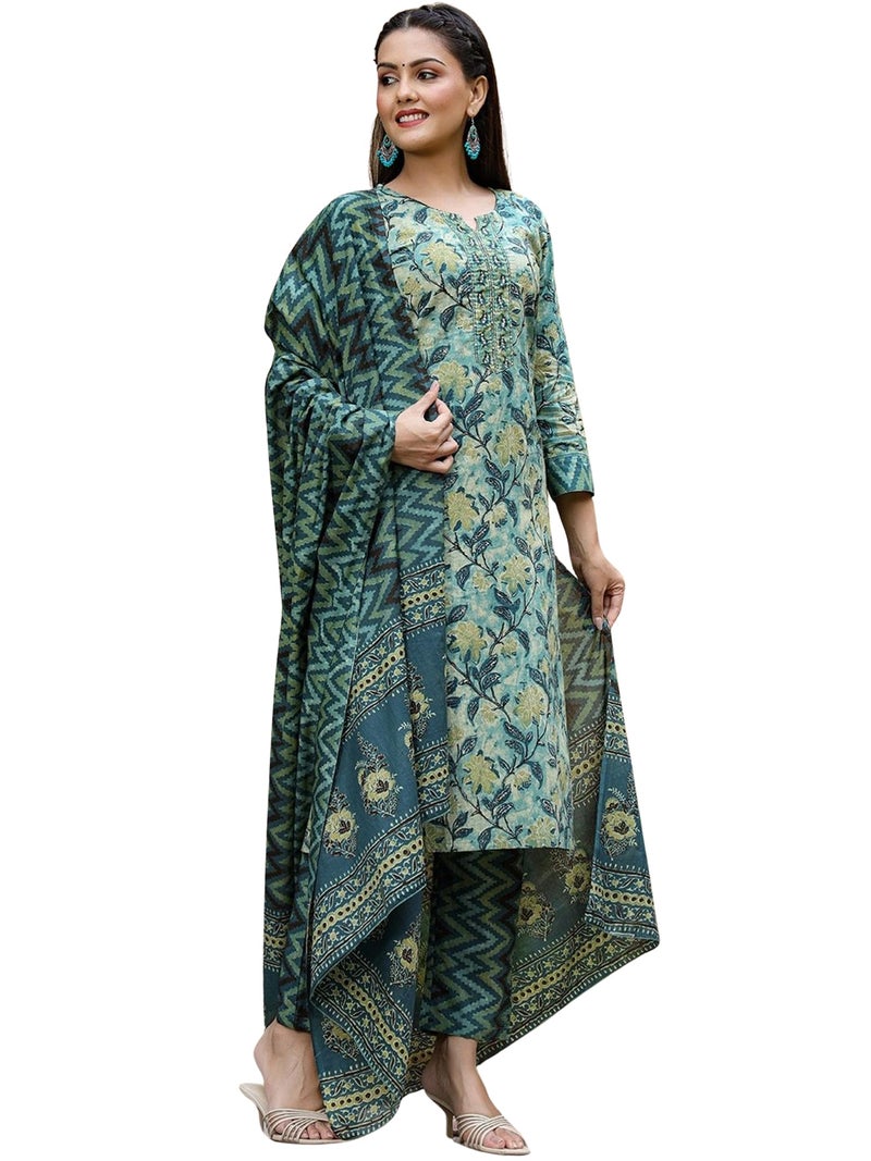 Vaamsi Women's Rayon Blend Blend Floral Printed Straight Kurta Pant With Dupatta (VKSKD1091A_Green_M) - Image 1