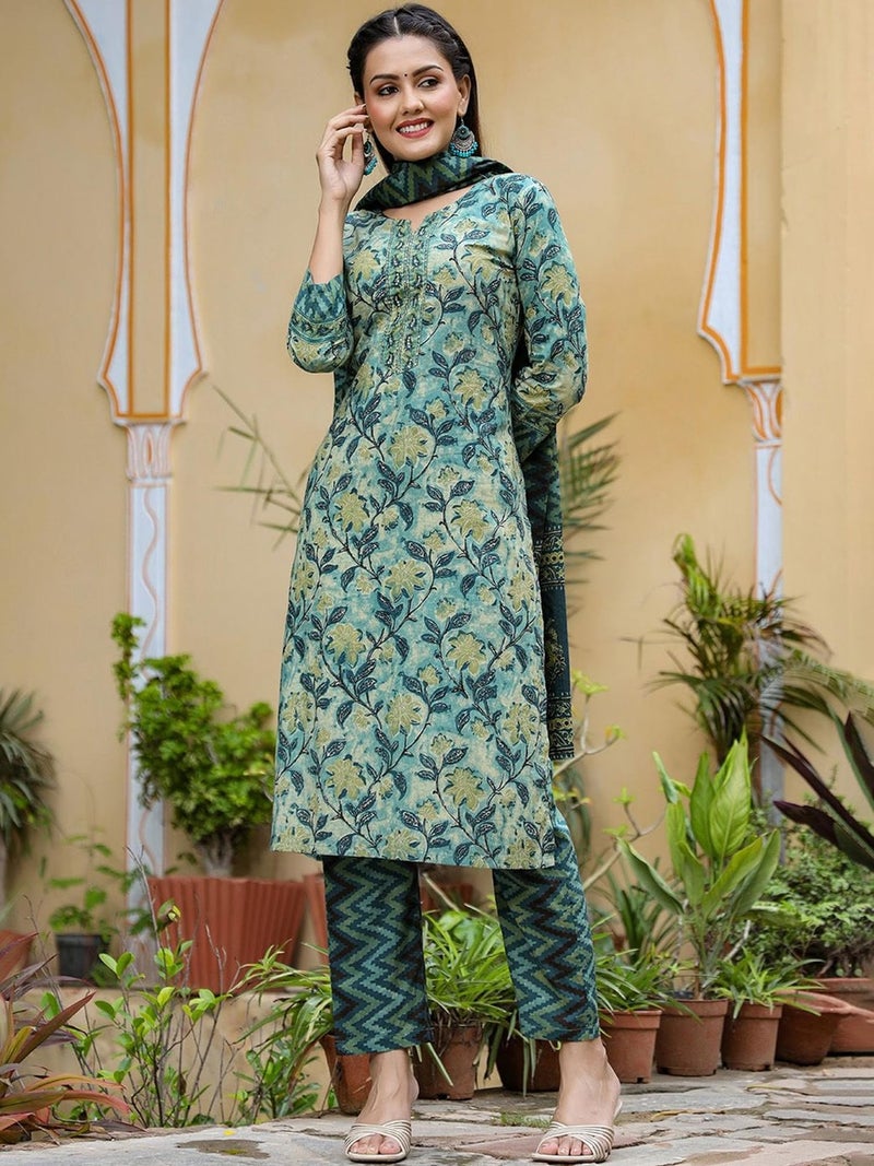Vaamsi Women's Rayon Blend Blend Floral Printed Straight Kurta Pant With Dupatta (VKSKD1091A_Green_M) - Image 3