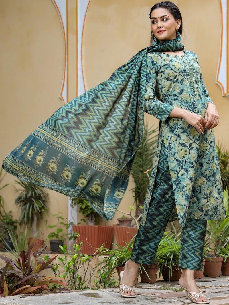 Vaamsi Women's Rayon Blend Blend Floral Printed Straight Kurta Pant With Dupatta (VKSKD1091A_Green_M) - Image 5