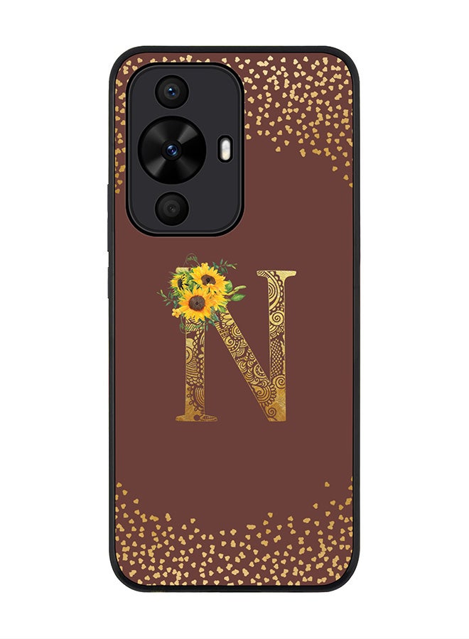 Stylizedd Rugged Black edge case for Huawei nova 12s / Huawei nova 11/ Huawei nova 12 Lite 4G,Custom Monogram Initial Letter Floral Pattern Alphabet - N (Brown) - Image 1