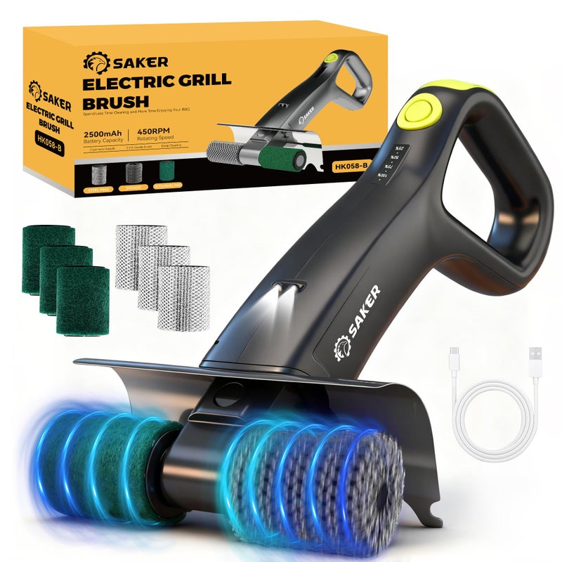 Saker Electric Grill Brush for Outdoor Grill, Bristle-Free Automatic Grill Cleaning Brush with 450 RPM & LED Light, Grill Rescue BBQ Brush Set with 3 Interchangeable Heads - Image 1