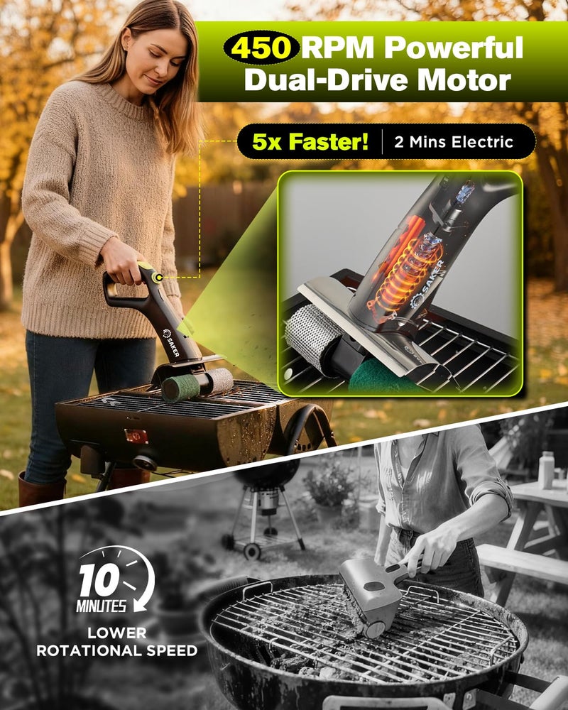 Saker Electric Grill Brush for Outdoor Grill, Bristle-Free Automatic Grill Cleaning Brush with 450 RPM & LED Light, Grill Rescue BBQ Brush Set with 3 Interchangeable Heads - Image 3