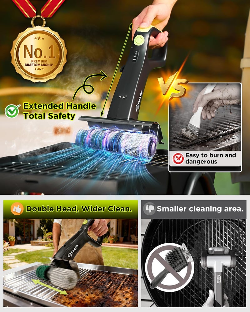 Saker Electric Grill Brush for Outdoor Grill, Bristle-Free Automatic Grill Cleaning Brush with 450 RPM & LED Light, Grill Rescue BBQ Brush Set with 3 Interchangeable Heads - Image 2