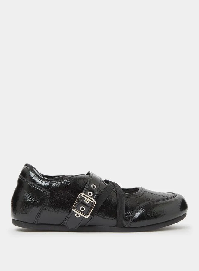 Styli Black Patent Criss-Cross Buckled Ballerina Flats