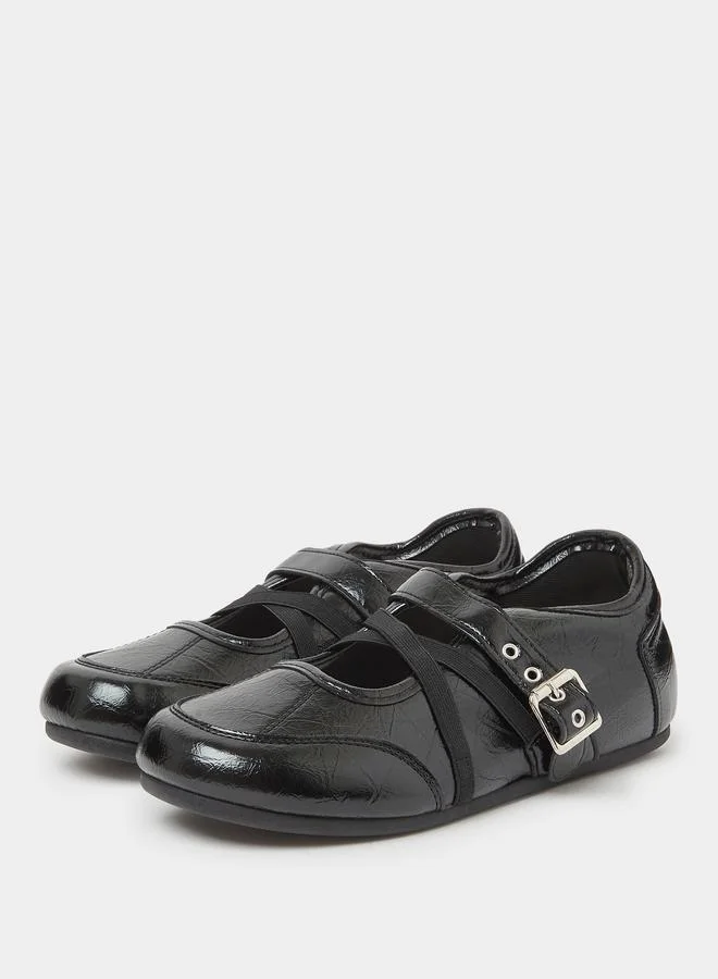 Styli Black Patent Criss-Cross Buckled Ballerina Flats