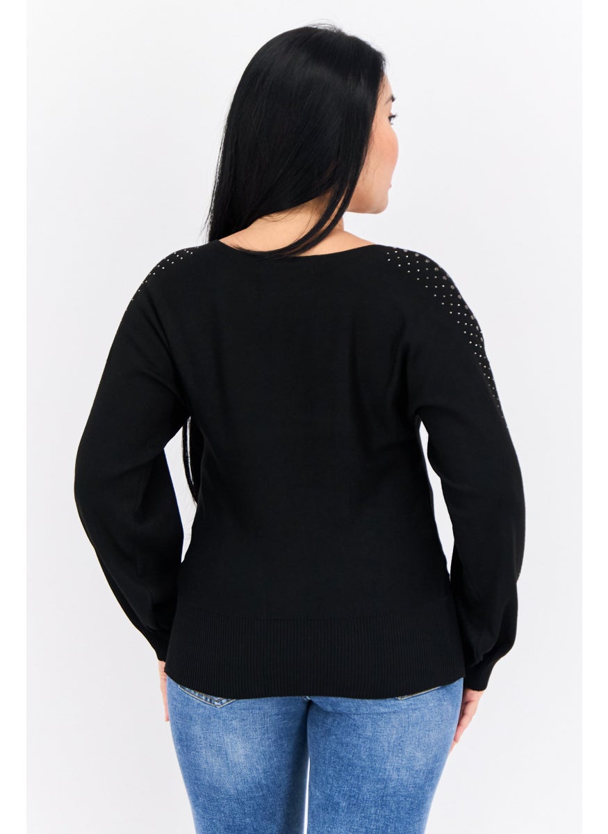 Love Scarlett - Women Boat Neck Embellished Sweater, Black - Image 1
