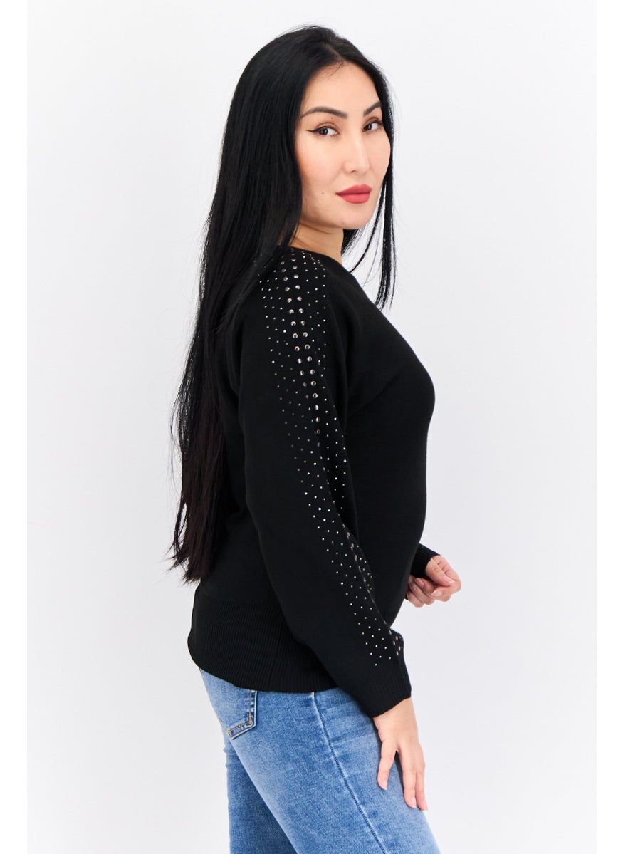 Love Scarlett - Women Boat Neck Embellished Sweater, Black - Image 1