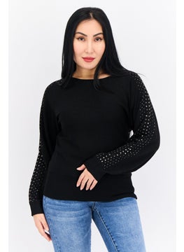 Women Boat Neck Embellished Sweater, Black