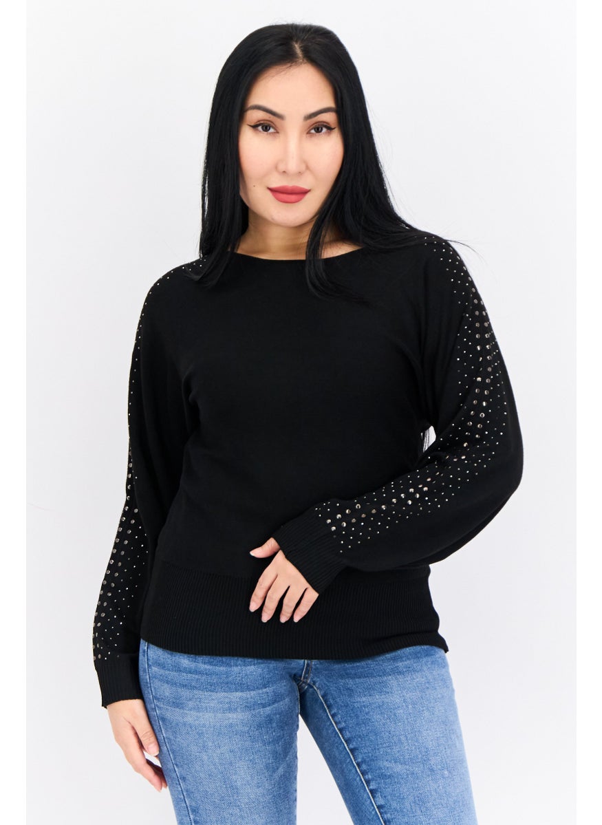 Love Scarlett - Women Boat Neck Embellished Sweater, Black - Image 1