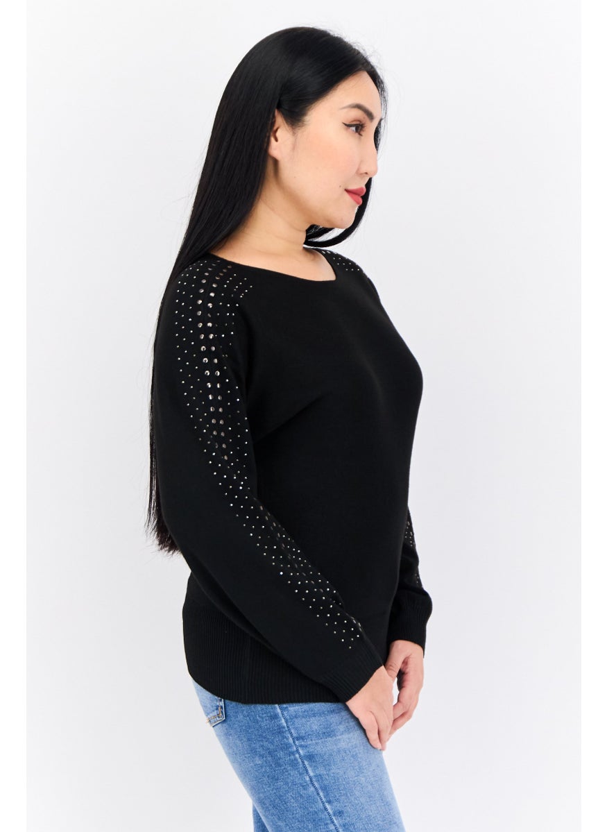 Love Scarlett - Women Boat Neck Embellished Sweater, Black - Image 1