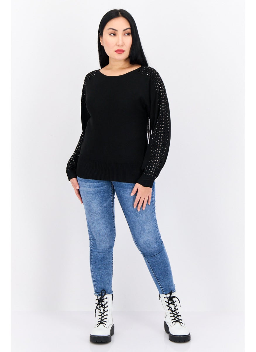 Love Scarlett - Women Boat Neck Embellished Sweater, Black - Image 1