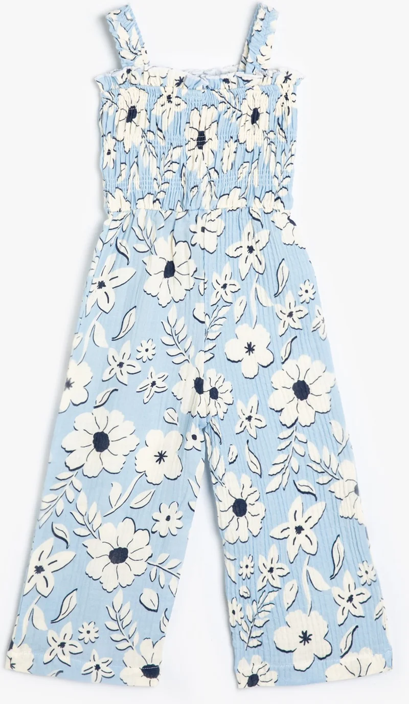 KOTON Koton Floral Jumpsuit Wide Leg Straps Textured Cotton