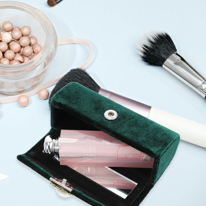 Vintage Velour Lipstick Case with Mirror Retro Portable Lip Balm Holder Key Chain for Women Travel Cosmetic Storage in Dark Green Plush - Image 4