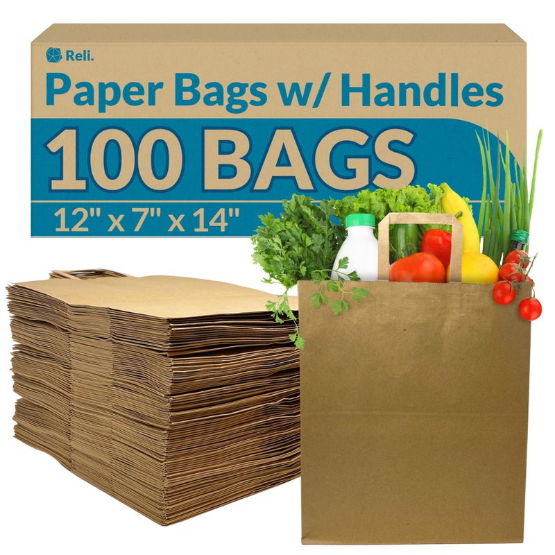 Reli. Paper Grocery Bags w/Handles (100 Pcs, Bulk)(12"x7"x14") Large Paper Grocery Bags with Handles - Heavy Duty 57 Lbs Basis - Shopping, Takeout/To Go, Retail (Brown/Kraft) - Image 1