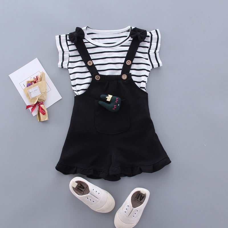 Baby Girl Short Sleeve Explosive Rabbit Head Strap Set Children Baby Striped Western Style Strap Shorts Set Direct Selling Black short-sleeved rabbit head strap cover HSY 