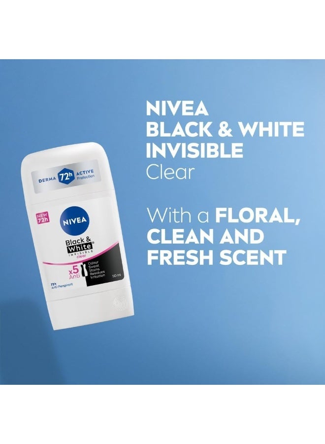 Nivea Black and White Invisible Clear Antiperspirant Deodorant Stick 48H Active Protection 50 ml Long Lasting Freshness No Stain Protection - Image 2