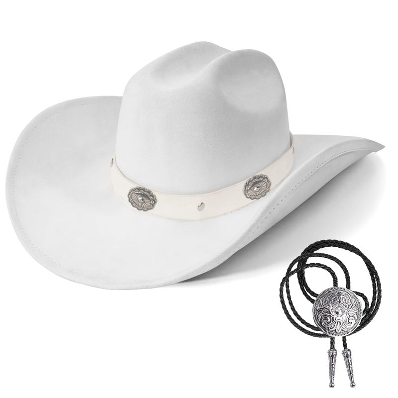 Foeran Classic Western Suede Cowboy Hat for Men's Women's,Wide Brim Felt Fedora Cowgirl Hats for Cowboy and Cowgirl (US, Alpha, Large, X-Large, White-A) - Image 1