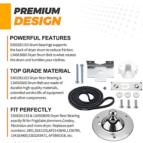 Techecook Upgraded 5303281153 Dryer Rear Drum Bearing & 134503600 Dryer Drum Belt Kit by Techecook - Compatible for Frigidaire Kenmore Dryers - Replaces PS459829 AP2142648 PS1148434 134163400 - Image 2
