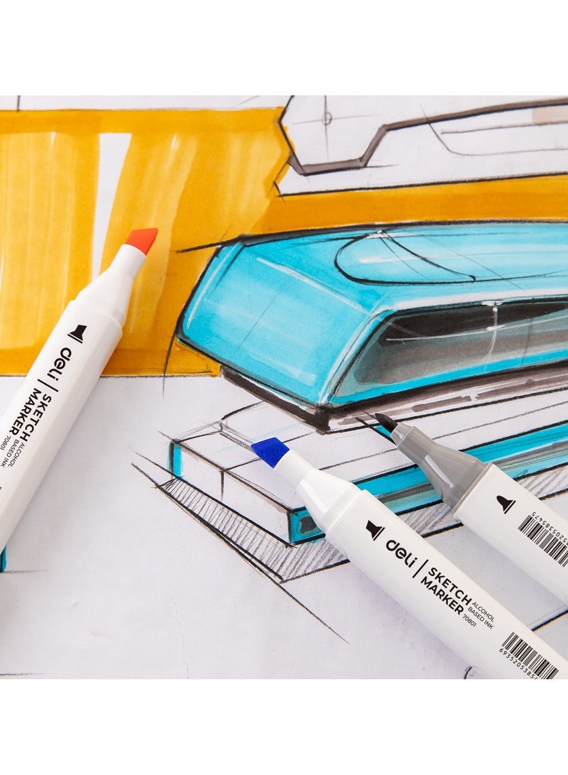 Deli Deli E70801-48 Sketch Marker Set - 48 Colors with Dual Tips (1mm Bullet & 7mm Chisel), Square Barrel & Colour Chart  - Image 3