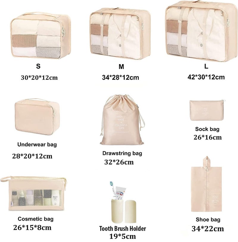Oceanevo 9 Pcs Packing Cubes, Travel Luggage Organizer for Men and Women, Toiletry Bag, Packing Cubes for Travel With Tooth Brush Holder- Set of 9 - Beige - Image 2
