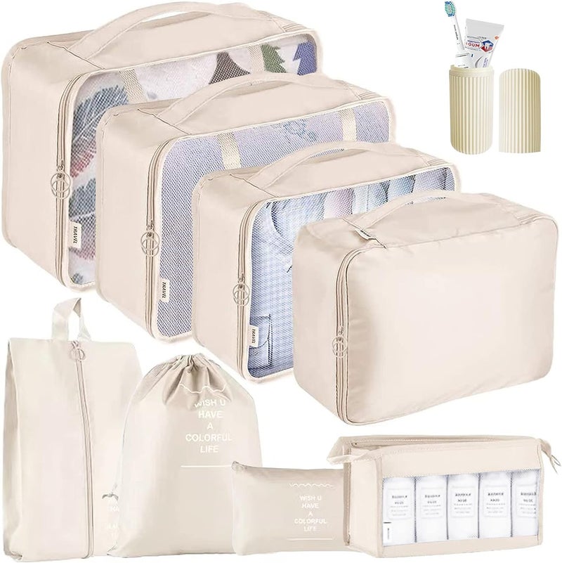 Oceanevo 9 Pcs Packing Cubes, Travel Luggage Organizer for Men and Women, Toiletry Bag, Packing Cubes for Travel With Tooth Brush Holder- Set of 9 - Beige - Image 1