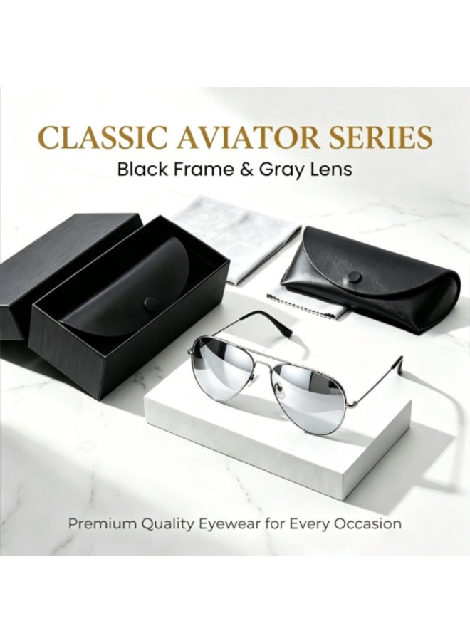 Classic Double Beam Metal Aviator Sunglasses, Fashion Gray Mirror Lens Eyewear for Men Women, Outdoor Driving Beach Travel Vacation Glasses with Storage Case & Cleaning Cloth - Image 1