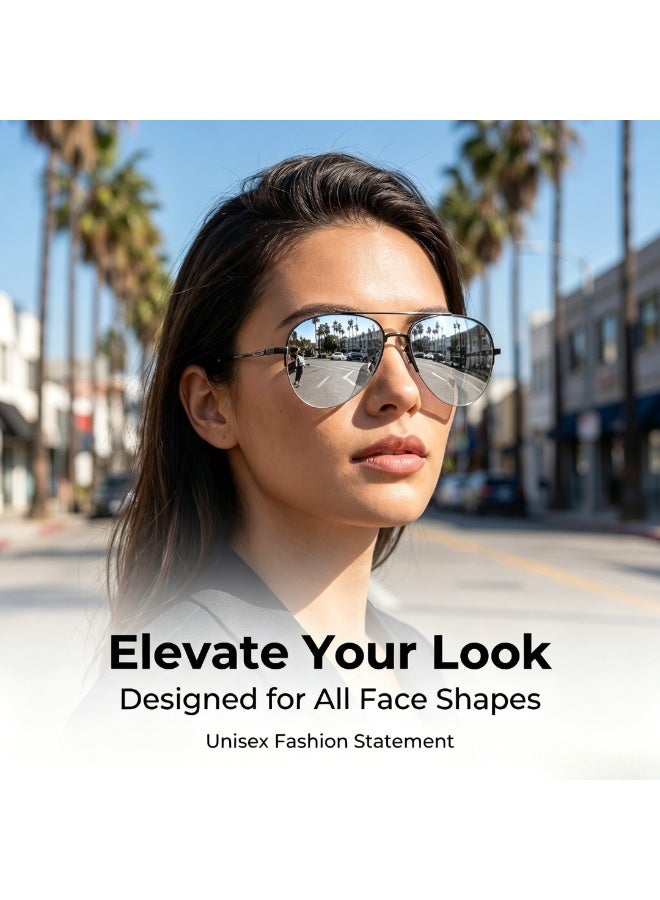 Classic Double Beam Metal Aviator Sunglasses, Fashion Gray Mirror Lens Eyewear for Men Women, Outdoor Driving Beach Travel Vacation Glasses with Storage Case & Cleaning Cloth - Image 2