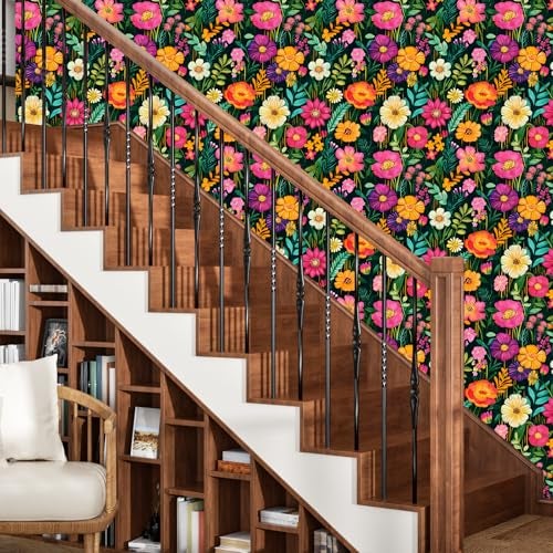 BOKEBEVE Extra Long Watercolor Colorful Floral Wallpaper Peel and Stick Green Contact Paper Boho Wall Paper for Bathroom Countertop Cabinet Wall Shelf Removable Renter Friendly 17.5 x 393.5In - Image 3