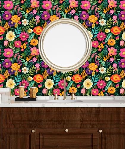 BOKEBEVE Extra Long Watercolor Colorful Floral Wallpaper Peel and Stick Green Contact Paper Boho Wall Paper for Bathroom Countertop Cabinet Wall Shelf Removable Renter Friendly 17.5 x 393.5In - Image 2