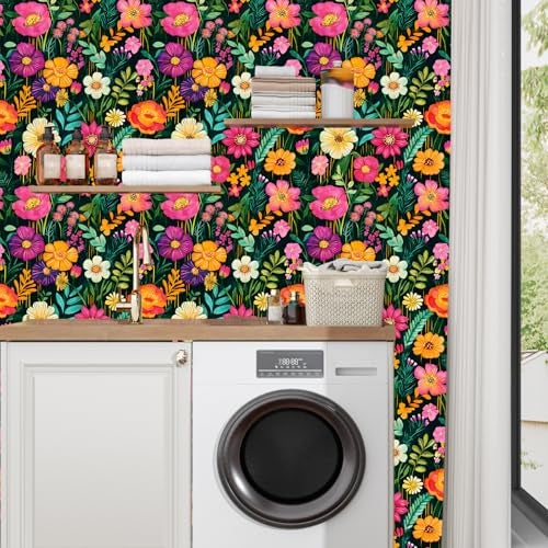 BOKEBEVE Extra Long Watercolor Colorful Floral Wallpaper Peel and Stick Green Contact Paper Boho Wall Paper for Bathroom Countertop Cabinet Wall Shelf Removable Renter Friendly 17.5 x 393.5In - Image 5