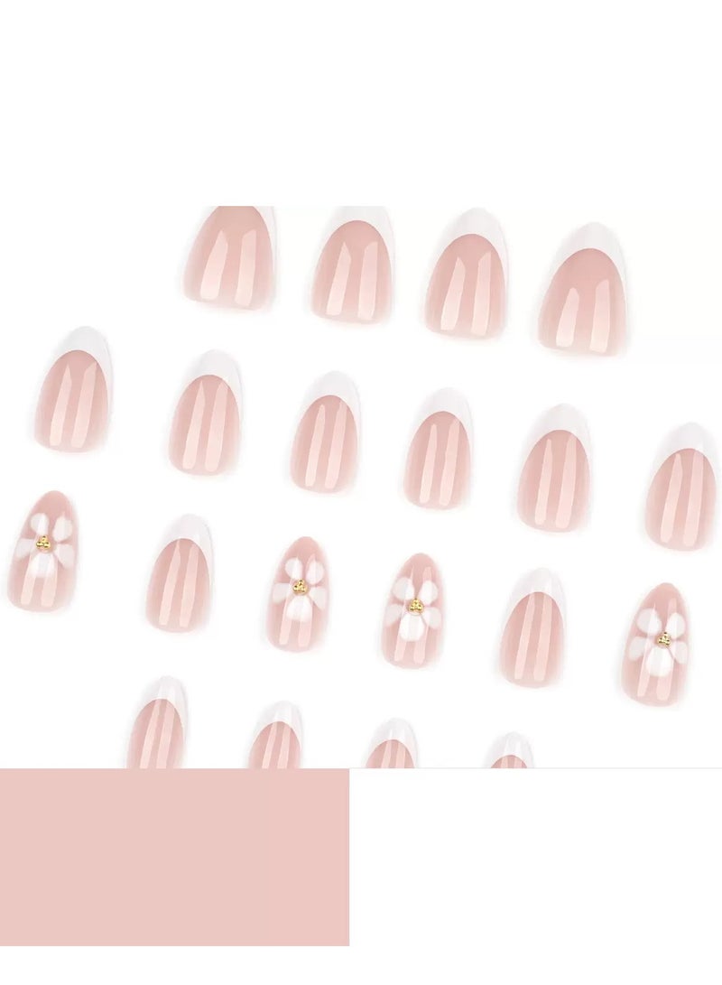 جوسكوين أظافر لاصقة جاهزة، 24 قطعة، أظافر صناعية ذات حافة فرنسية جاهزة للاستخدام تتميز بتصاميم أزهار بيضاء بسيطة، أظافر مزيفة ومنعشة وجذابة لمانيكير أنيق وسهل التطبيق. أظافر أكريليك مع مجموعة غراء. - Image 2