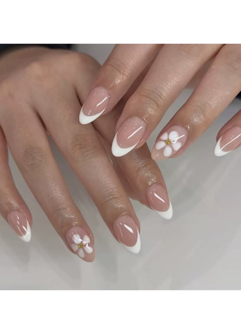 جوسكوين أظافر لاصقة جاهزة، 24 قطعة، أظافر صناعية ذات حافة فرنسية جاهزة للاستخدام تتميز بتصاميم أزهار بيضاء بسيطة، أظافر مزيفة ومنعشة وجذابة لمانيكير أنيق وسهل التطبيق. أظافر أكريليك مع مجموعة غراء. - Image 1