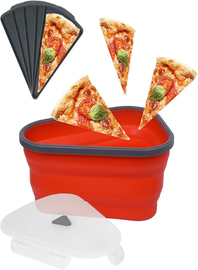 Azvegr Pizza Storage Container with Silicone, Pizza Container for Travel Hiking Camping, Pizza Pack Container with 5 Microwavable Serving Trays, Pizza Pack Collapsible Reusable and Save Space(Red)