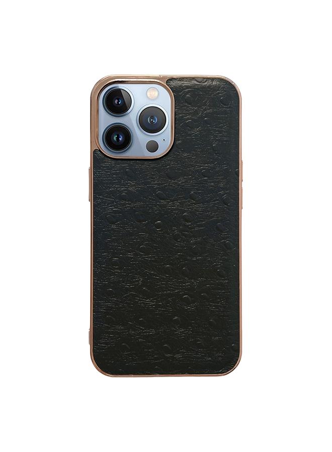 زبون جراب لهاتف iPhone 13 Pro Max مصنوع من جلد طبيعي بنمط جلد النعام مع طبقة نانوية - Image 1