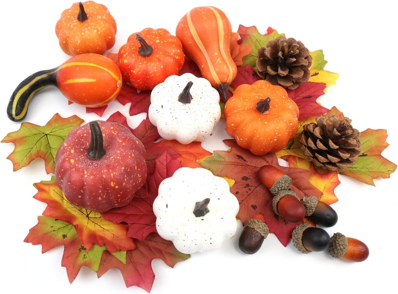Gili 36PCS Mini Artificial Pumpkins Fall Decor Set - Realistic Small Fake Pumpkins for Decorating with Gourd Fall Leaves Acorns Pinecones for Autumn Table Centerpiece, Thanksgiving Harvest Home Decorations - Image 1