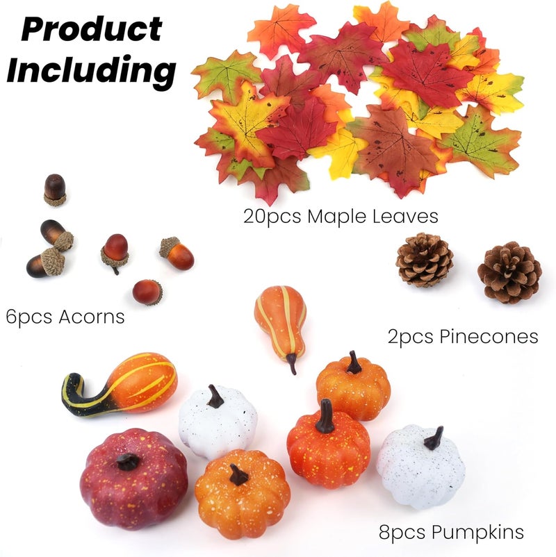 Gili 36PCS Mini Artificial Pumpkins Fall Decor Set - Realistic Small Fake Pumpkins for Decorating with Gourd Fall Leaves Acorns Pinecones for Autumn Table Centerpiece, Thanksgiving Harvest Home Decorations - Image 4