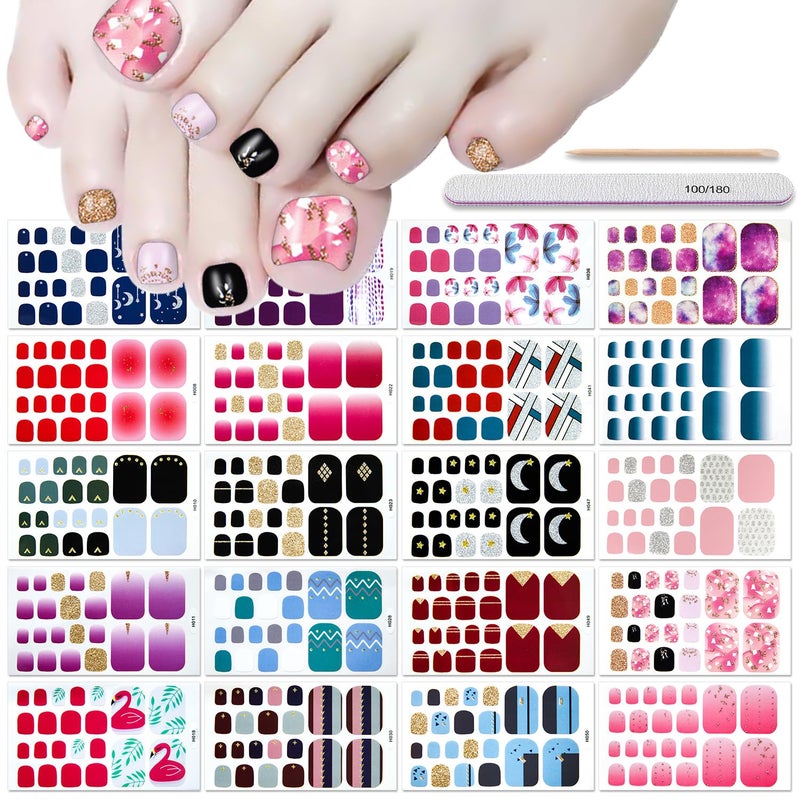 DANNEASY 20 Sheets Toe Nail Stickers Full Nail Wraps Self Adhesive Toenail Polish Strips Toes Nail Stickers Toenail Stickers Polish Manicure Sticker with Nail File Cuticle Stick