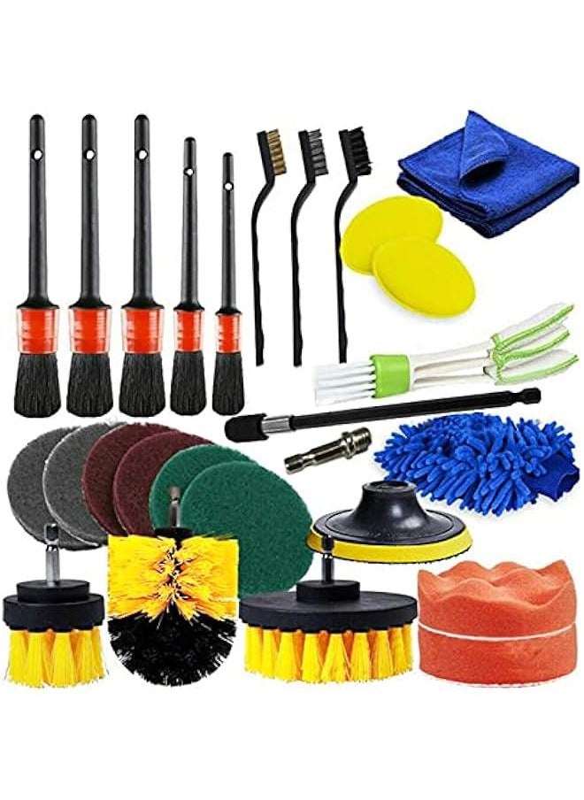 MOXO 26 PCS Drill Brush Attachments Car Detailing Brush Kit for Auto Exterior and Interior Includes Scrub Pads Sponges Detailing Brushes Washing Mitt Air Vent Brush Cleaning Cloth Household Clean  - Image 1