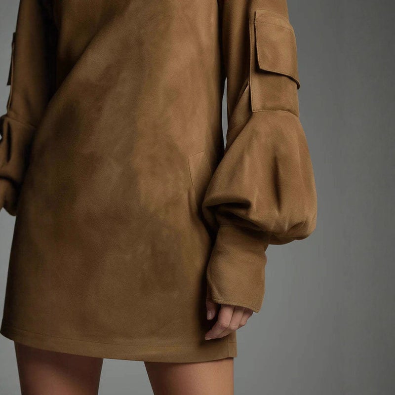Fashion High Neck Long Sleeve Pocket Mini Dress - Image 3