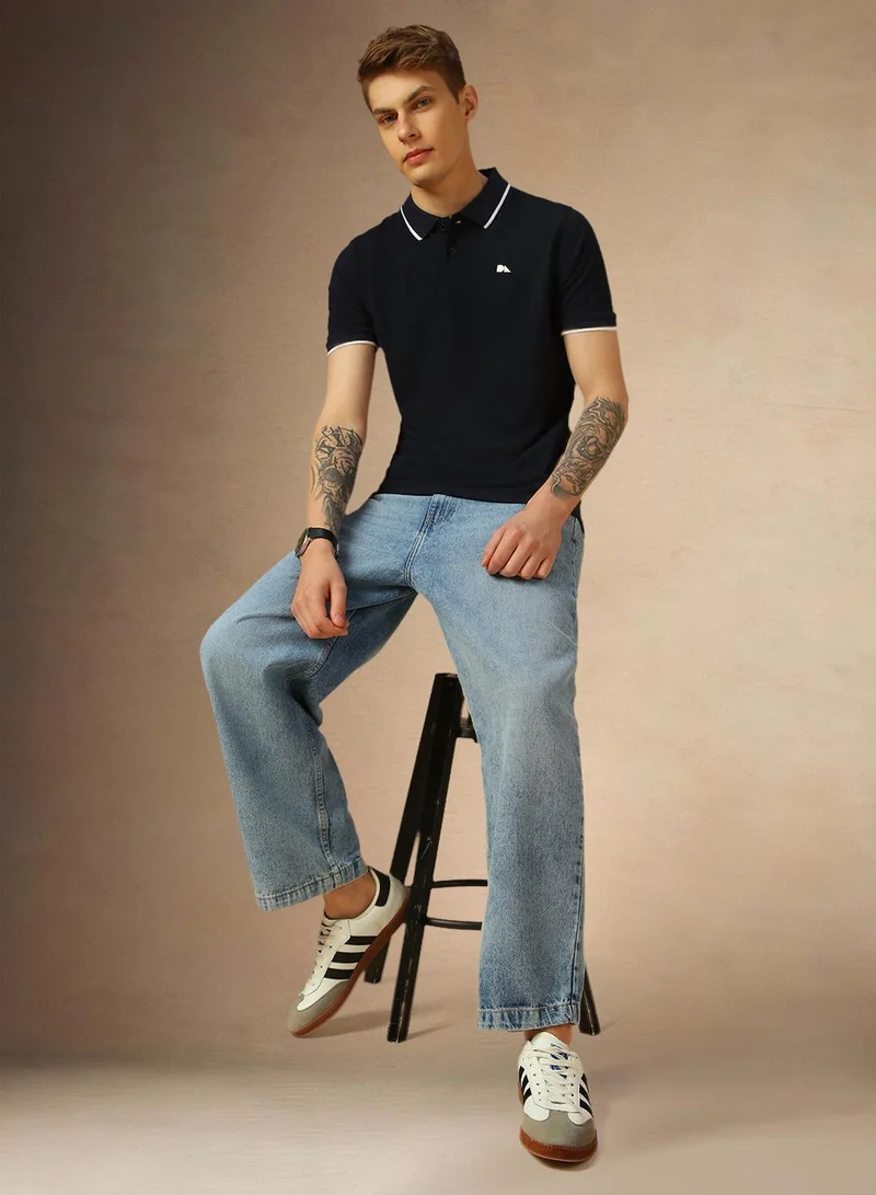 Dennis Lingo Men's Navy 100% Cotton Solid Regular Fit T-Shirt