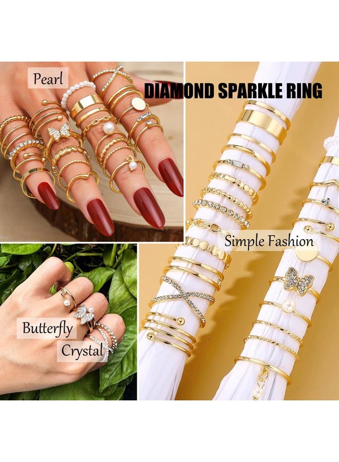 17IF 22 Pcs Gold Vintage Knuckle Ring Set for Women, Boho Crystal Finger Aesthetic Pearl Sparkle Butterfly Chunky Stackable Midi Ring Pack (CrystalButter) - Image 2
