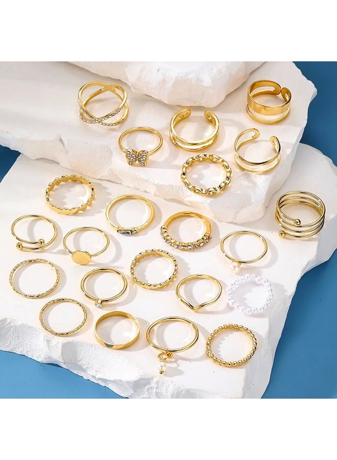17IF 22 Pcs Gold Vintage Knuckle Ring Set for Women, Boho Crystal Finger Aesthetic Pearl Sparkle Butterfly Chunky Stackable Midi Ring Pack (CrystalButter) - Image 4