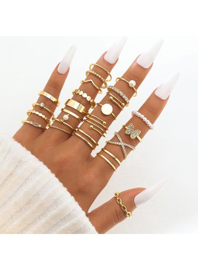 17IF 22 Pcs Gold Vintage Knuckle Ring Set for Women, Boho Crystal Finger Aesthetic Pearl Sparkle Butterfly Chunky Stackable Midi Ring Pack (CrystalButter) - Image 5