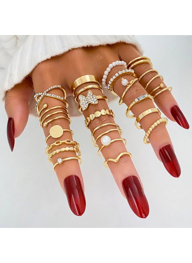 17IF 22 Pcs Gold Vintage Knuckle Ring Set for Women, Boho Crystal Finger Aesthetic Pearl Sparkle Butterfly Chunky Stackable Midi Ring Pack (CrystalButter) - Image 3