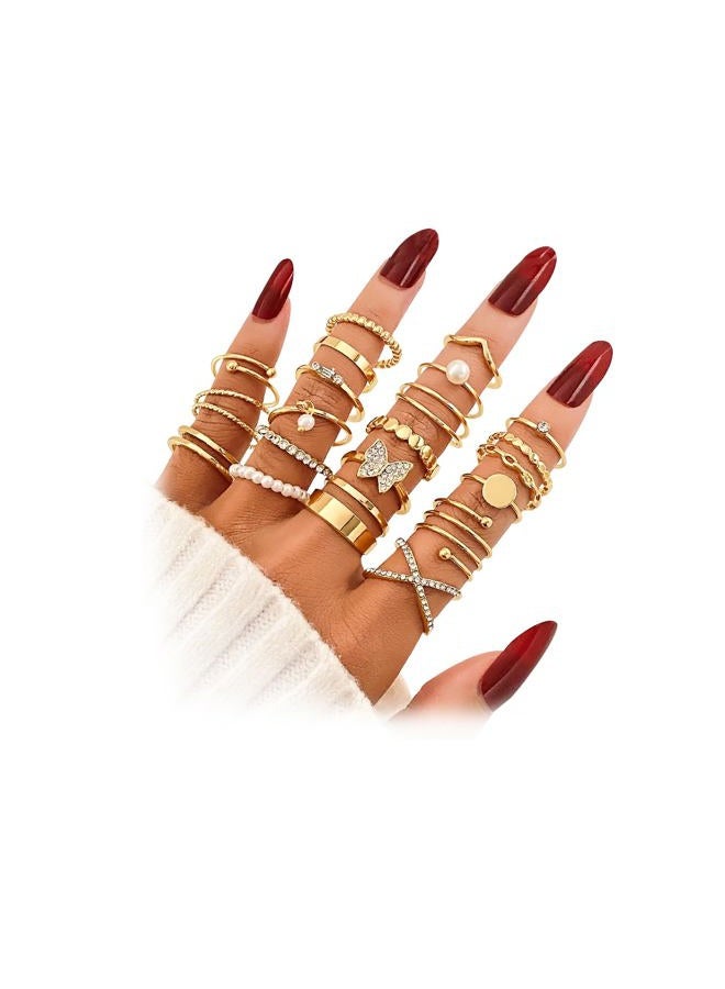 17IF 22 Pcs Gold Vintage Knuckle Ring Set for Women, Boho Crystal Finger Aesthetic Pearl Sparkle Butterfly Chunky Stackable Midi Ring Pack (CrystalButter) - Image 1