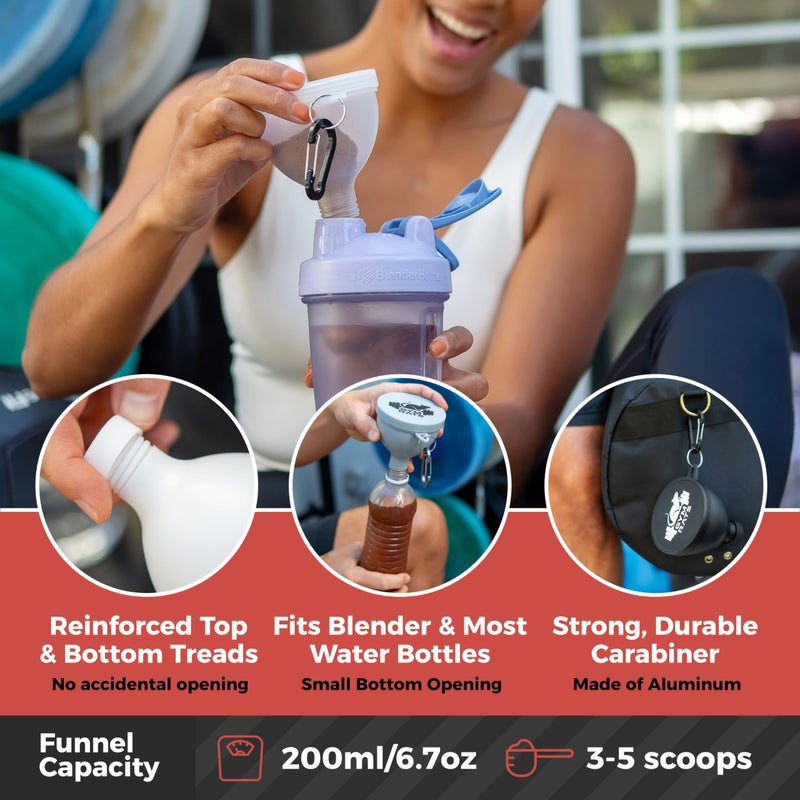 GYM RATS مجموعة قمع مسحوق البروتين - حاوية مسحوق البروتين للسفر مع كارابينر وأغطية معززة لمنع التسربات - قمع مكمل مسحوق البروتين وما قبل التمرين للزجاجات والهزازات - 4 عبوات - Image 3