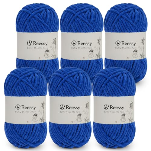 Reessy Bulky Chenille Yarn for Crocheting – 6 Pack of 50g/1.76oz Skeins, Pure Polyester, CYC #5 Bulky Weight – Ultra Soft Chenille Yarn Pack for Crafting Plush Toys, Blankets, Scarves(Sapphire Blue) - Image 1