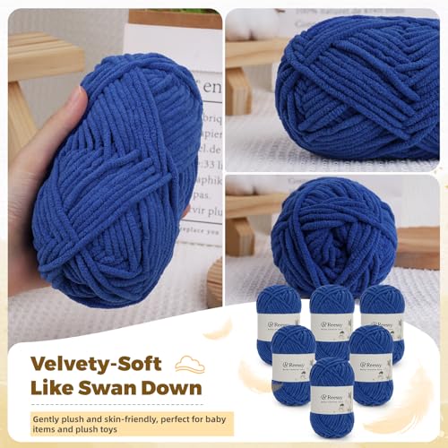 Reessy Bulky Chenille Yarn for Crocheting – 6 Pack of 50g/1.76oz Skeins, Pure Polyester, CYC #5 Bulky Weight – Ultra Soft Chenille Yarn Pack for Crafting Plush Toys, Blankets, Scarves(Sapphire Blue) - Image 2