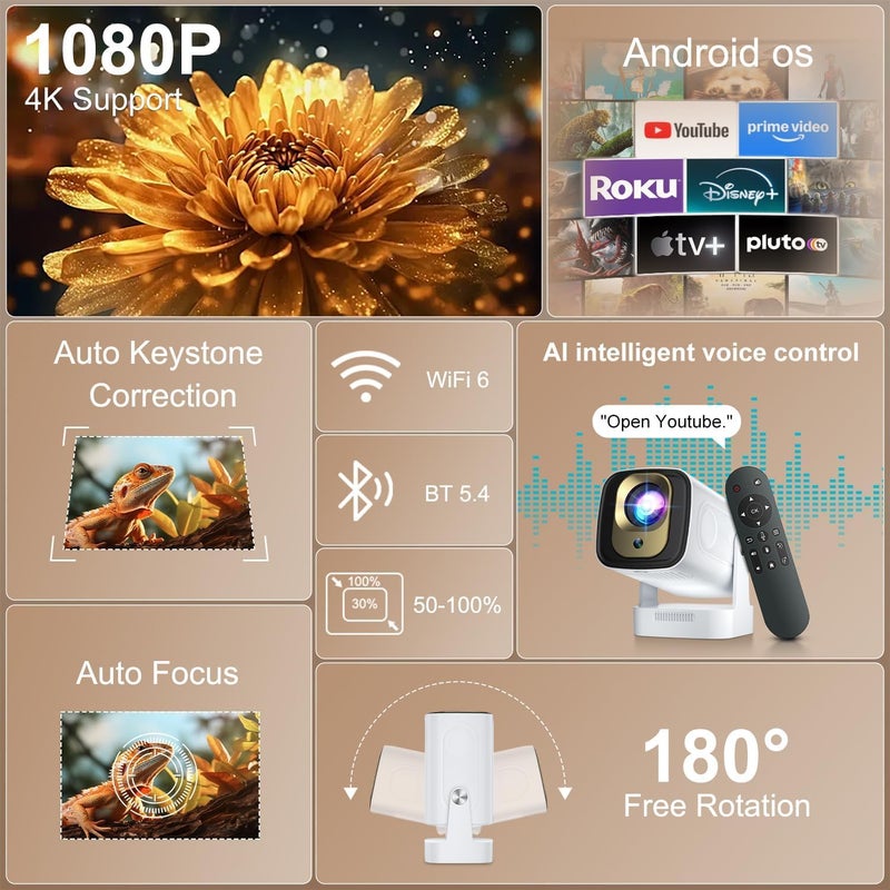 جهاز عرض ذكي من بدقة 4K يعمل بنظام Android، طراز HY260Max، جهاز عرض صغير مع ضبط تلقائي للبؤرة، مسافة عرض قصيرة بدقة 4K، سطوع 20000 لومن، بلوتوث وواي فاي 5G، متوافق مع التركيب على السقف، مناسب كجهاز عرض محمول للأفلام - Image 2